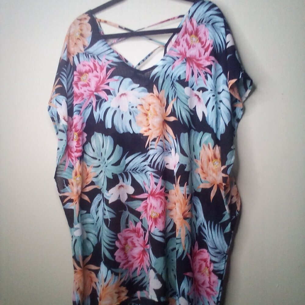 Kona Sol Cover Up Blouse M Women Floral Tropical Colorful